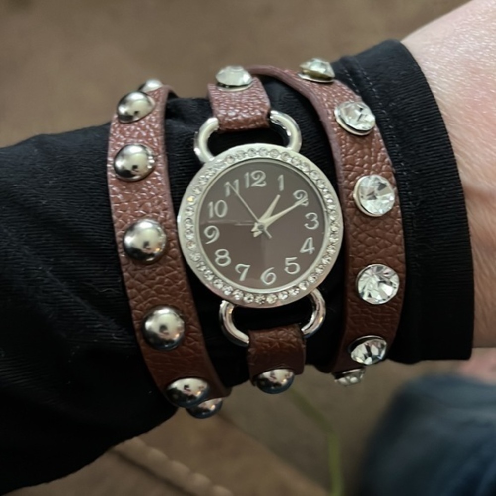 Triple wrap brown leather, silver studded and silver rhinestone watch
